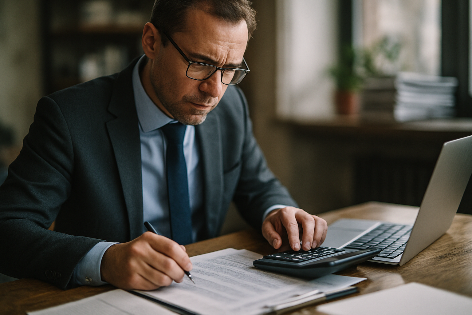 Contable trabajando en documentos financieros