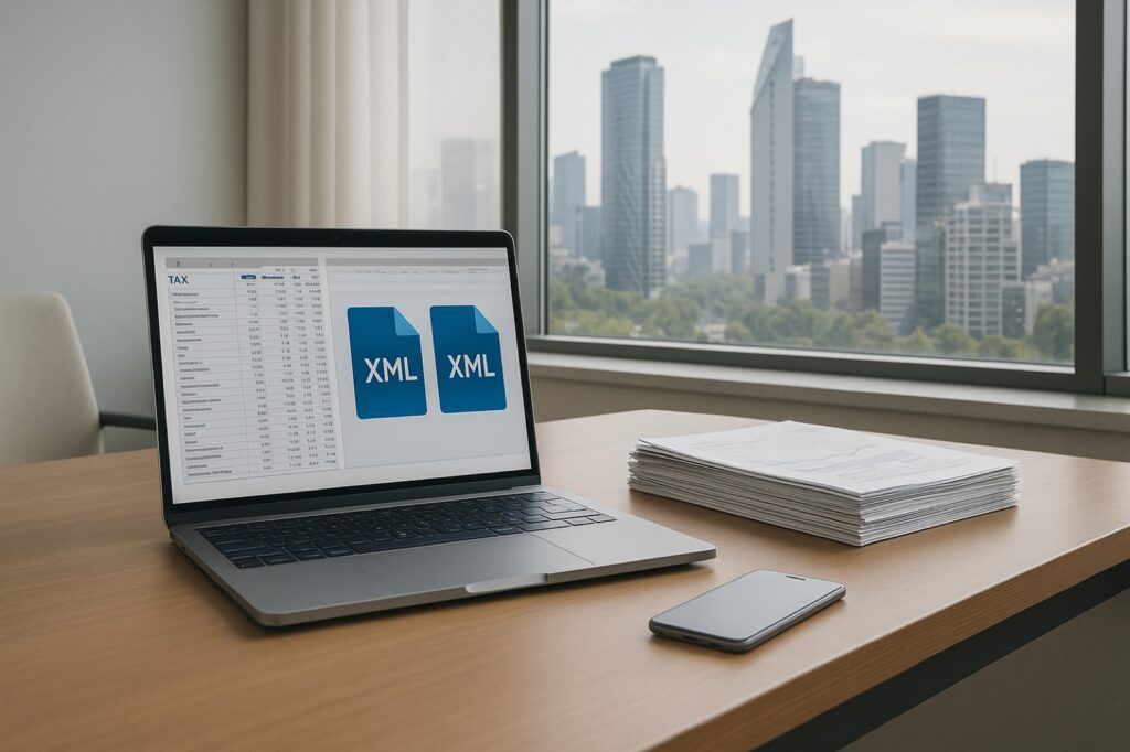 Escritorio corporativo en Ciudad de México con laptop mostrando XML de contabilidad electrónica del SAT y vista al skyline