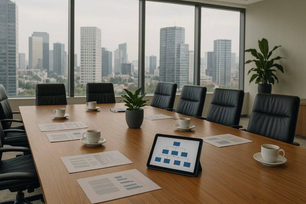 Sala de junta ejecutiva con organización familiar en tablet, vista al skyline mexicano